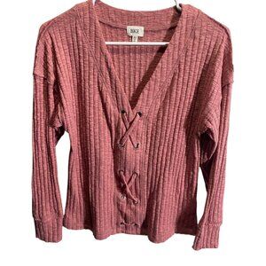 BKE Lace-Up Ribbed Knit Long Sleeve Top Womens XS Rose Pink